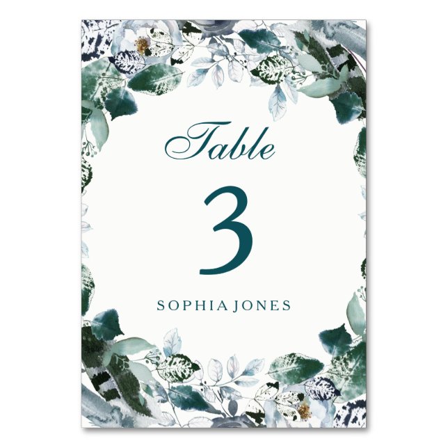 Aquamarine grüne Tafelkarte mit Blumenfarbe Tischnummer (Vorderseite)