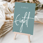 Aquamarine Hand-Skripttisch Acht Tischnummer<br><div class="desc">Einfache und schicke Tischnummer-Karten in staubigen aquamarinen und weißen Farbtönen geben bei Ihrer Hochzeit oder Veranstaltung eine elegante Note. Das Design bietet "table [number]" in einem spannenden Mix aus klassischen Serifen und handgeschriebenen Skripten. Design wiederholt sich auf beiden Seiten. Einzelne nummerierte Karten werden separat verkauft; bestellen Sie jede Tischnummer einzeln...</div>