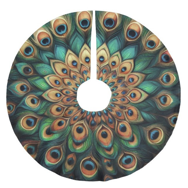 Aquamarine harte Pastelle Zeichnend Pfauenfedern Polyester Weihnachtsbaumdecke (Vorderseite)