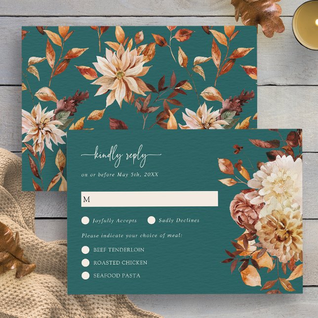 Aquamarine Herbstlaub florale RSVP-Karte RSVP Karte (Rustic Teal Fall Leaves Floral RSVP Card by Painted Paperie
)