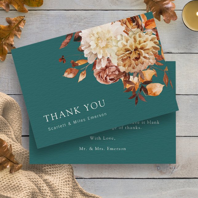 Aquamarine Herbstlaube Dankeskarte (Teal Rustic Watercolor Fall Leaves Thank You Card by Painted Paperie
)