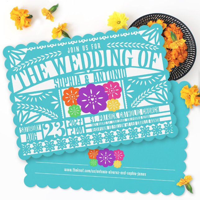 Aquamarine Hochzeit der mexikanischen Fiesta Papel Einladung (Colorful teal papel picado Mexican heritage fiesta flag celebration scalloped wedding invitation )