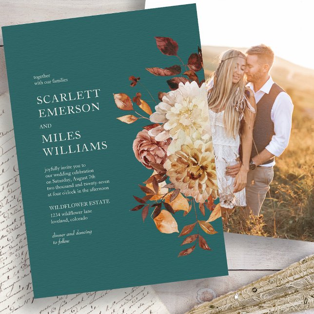 Aquamarine Hochzeit Einladung (Fall Teal Floral Photo Wedding Invitation by Painted Paperie
)
