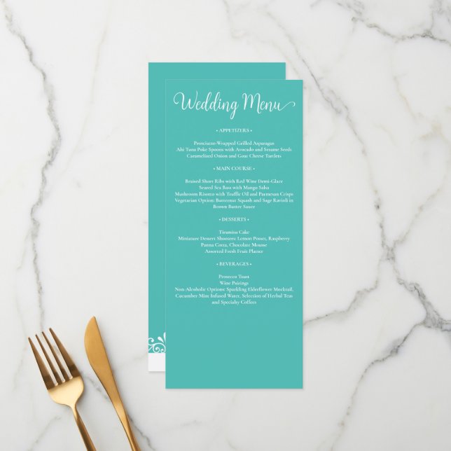 Aquamarine Hochzeit Menükarte (Vorderseite/Rückseite Beispiel)