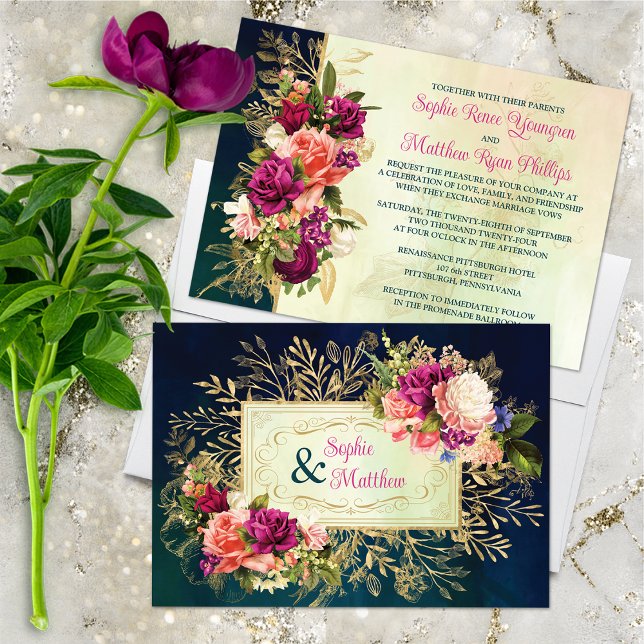 Aquamarine Hochzeit, Navy, Green, Gold Bold Floral Einladung (Beautiful Vintage Florals on Deep Teal and Navy Watercolors Wedding Invitation.)