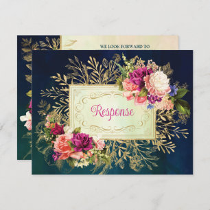 Aquamarine Hochzeit, Navy, Green, Gold Bold Floral RSVP Karte