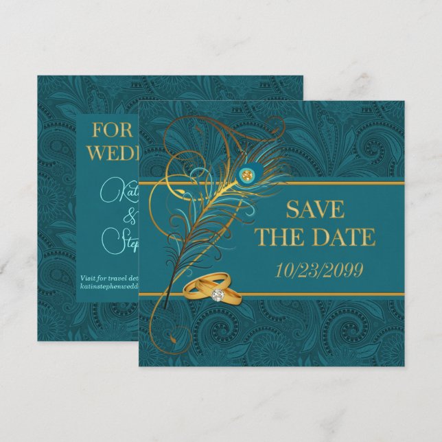 Aquamarine Hochzeit Pfau Save The Date (Vorne/Hinten)