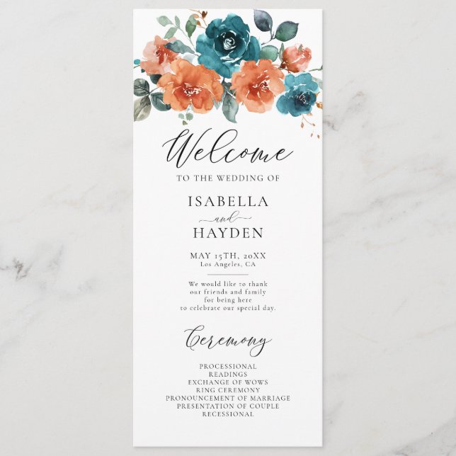 Aquamarine Hochzeit von Rost Orange-Flora Programm (Vorderseite)