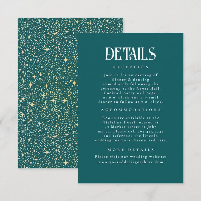 Aquamarine Hochzeitsdetails für Nachtstars Begleitkarte (Vorne/Hinten)