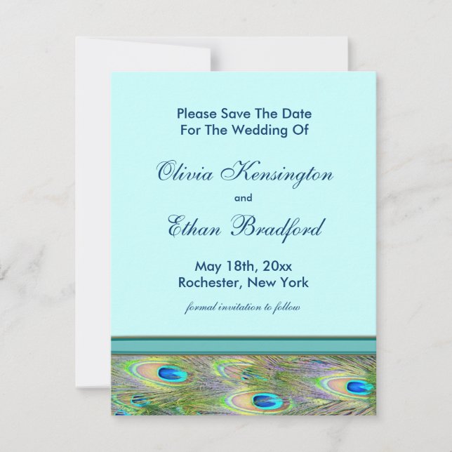 Aquamarine Hochzeitseinladungen für Blaue Pfaue Save The Date (Vorderseite)
