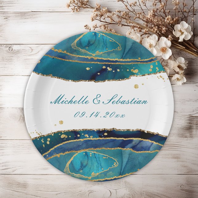 Aquamarine Hochzeitsempfehlung für Aquarellgoldver Pappteller (Teal Watercolor Gold Agate Wedding Reception Paper Plates
)