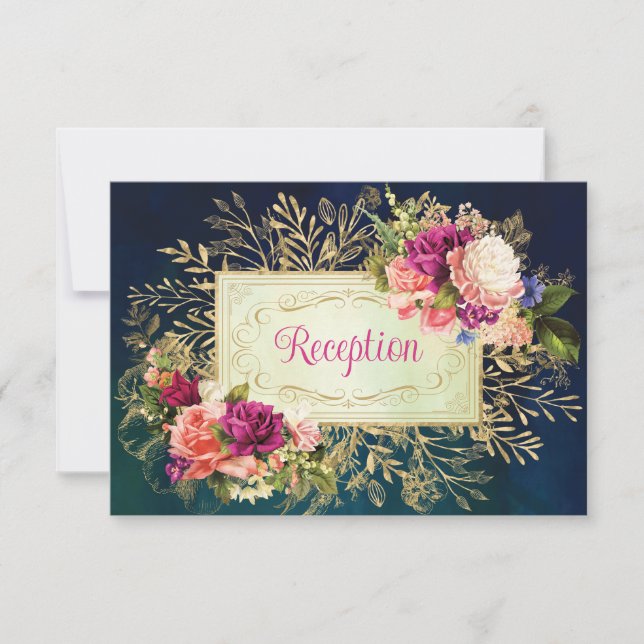 Aquamarine Hochzeitsfeier, Navy, Gold Bold Florals Einladung (Vorderseite)