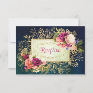 Aquamarine Hochzeitsfeier, Navy, Gold Bold Florals Einladung