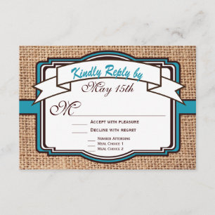 Aquamarine Hochzeitskarten mit Hitched Burlap RSVP Karte
