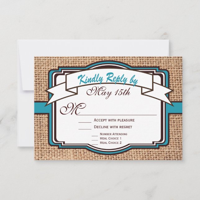Aquamarine Hochzeitskarten mit Hitched Burlap RSVP Karte (Vorderseite)