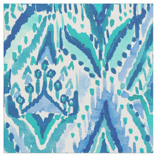 Aquamarine Ikat Fransen-Stammes- Aquarell Stoff