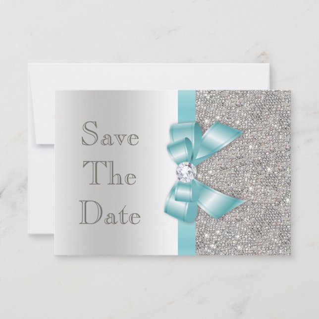 Aquamarine Imitate Bow & Diamonds Silver Save the  Date (Vorderseite)