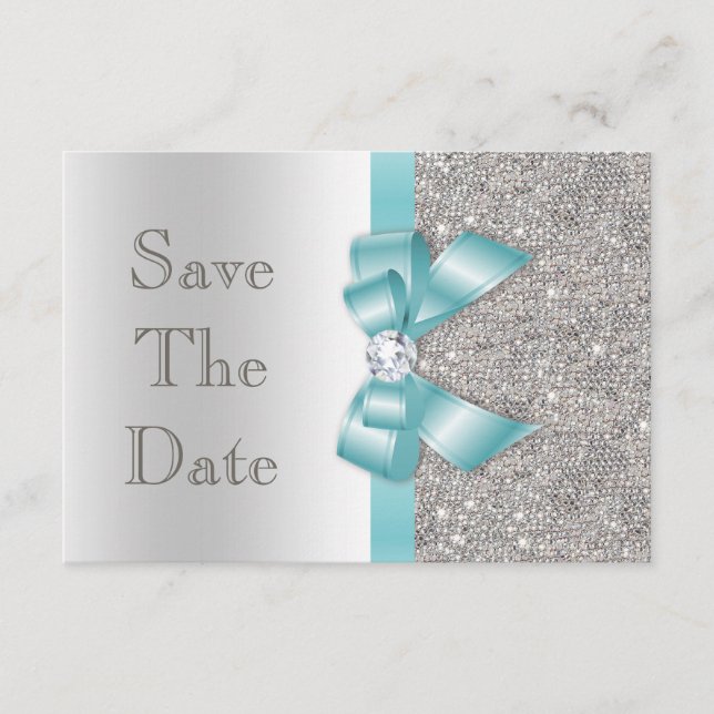 Aquamarine Imitate Bow & Diamonds Silver Save the  Save The Date (Vorderseite)