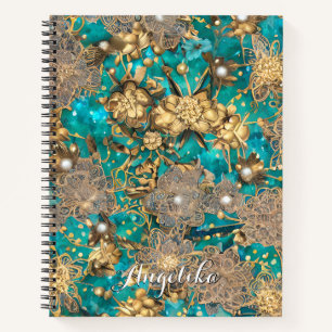 Aquamarine Imitate Gold Glitzer Abstrakte Blume Notizbuch