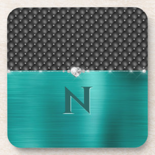 Aquamarine Imitate Metallhandschuh und Monogramm Getränkeuntersetzer