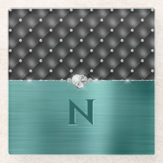 Aquamarine Imitate Metallhandschuh und Monogramm Glasuntersetzer (Vorderseite)