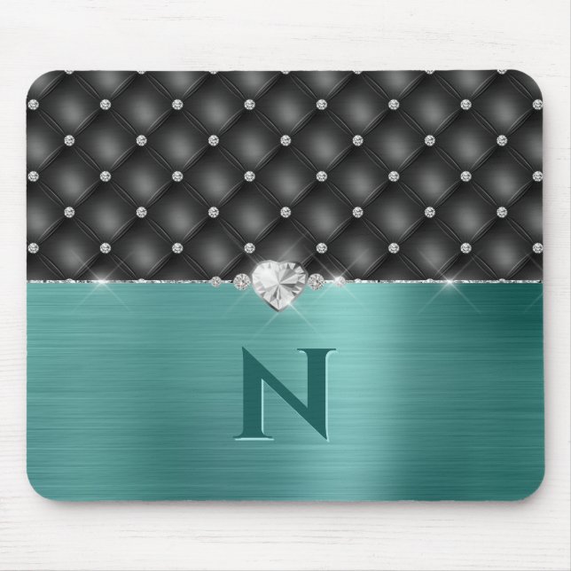 Aquamarine Imitate Metallhandschuh und Monogramm-M Mousepad (Vorne)
