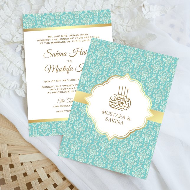 Aquamarine islamische Hochzeit mit Gold und Light  Einladung (Von Creator hochgeladen)