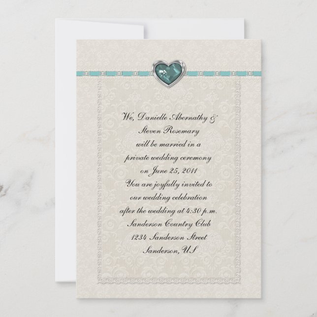 Aquamarine Jewel Heart Ribbons & Lace Post Wedding Einladung (Vorderseite)