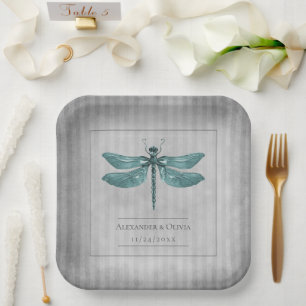 Aquamarine Jeweled Dragonfly-Hochzeit Pappteller