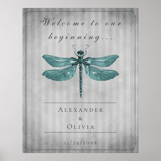 Aquamarine Jeweled Dragonfly-Hochzeit Poster (Vorne)