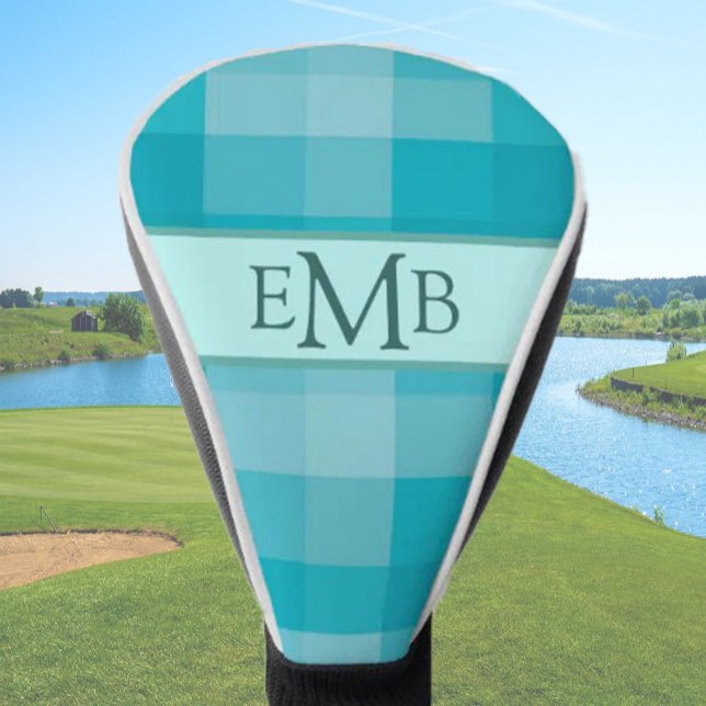 Aquamarine Karierte Monogram Initials Ladys Golf Headcover (Von Creator hochgeladen)