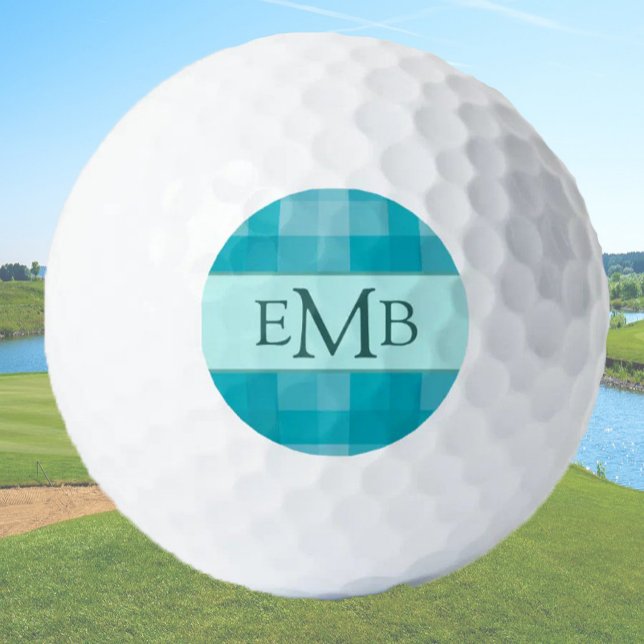 Aquamarine Karierte Monogram Initials Ladys Golfball (Von Creator hochgeladen)