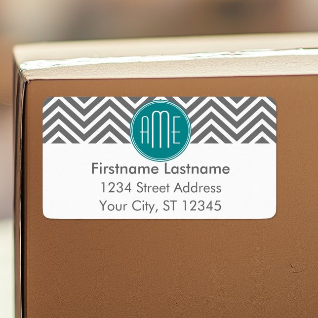 Aquamarine Karkohle Chevrons Custom Monogram Adressaufkleber (Personalized return address label)