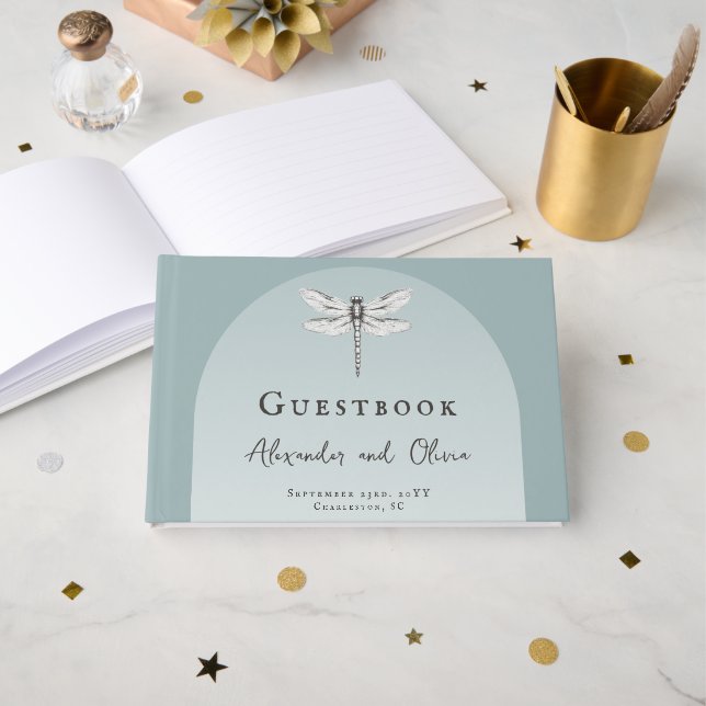 Aquamarine Libellenhochzeit Gästebuch (Vorderseite Offen)