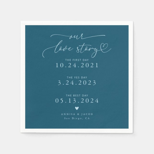 Aquamarine Liebe-Geschichte Elegante Script-Hochze Serviette (Vorderseite)