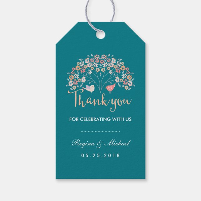 Aquamarine Liebesvögel Blumenschrift Danke, Gesche Geschenkanhänger (Vorderseite)