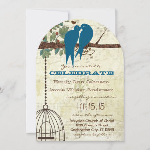 Aquamarine Liebesvögel, die auf einer Baumhochzeit Einladung