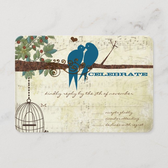 Aquamarine Liebesvögel, die auf einer Baumhochzeit RSVP Karte (Vorderseite)
