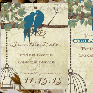 Aquamarine Liebesvögel, die Save the Date in einem Einladung