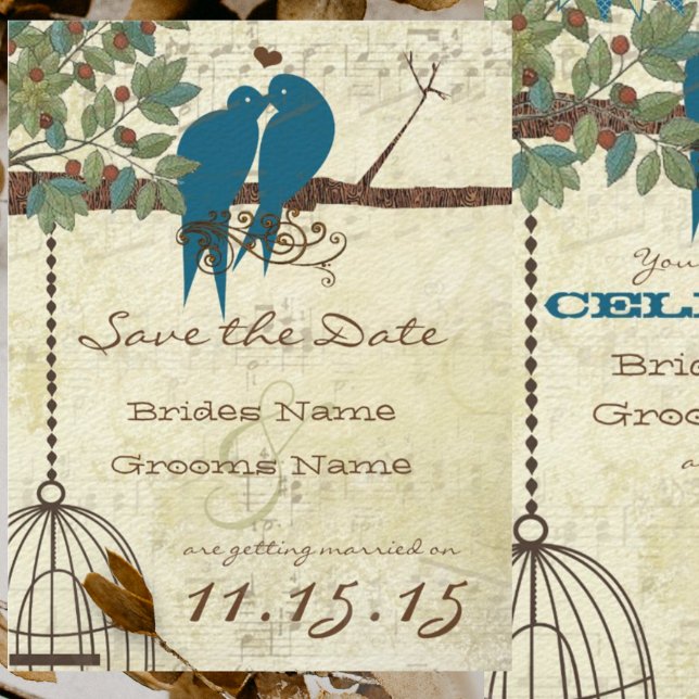 Aquamarine Liebesvögel, die Save the Date in einem Einladung (Von Creator hochgeladen)