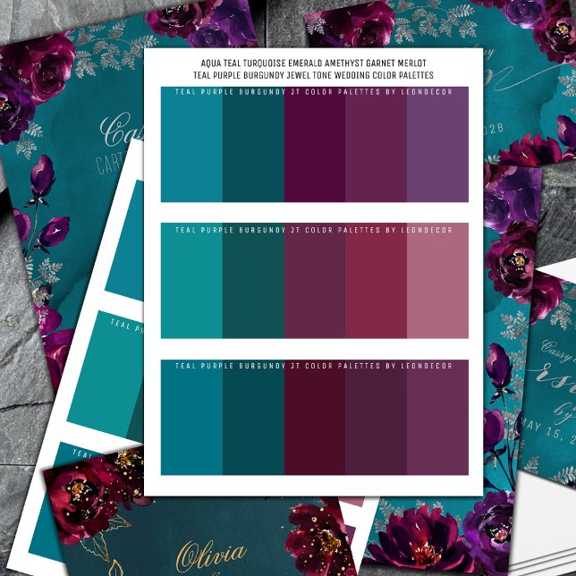 Aquamarine Lila Jewel Tone Hochzeitsfarbenpaletten (Aqua Teal Turquoise Emerald Amethyst Garnet Merlot Teal Purple Burgundy Jewel Tone Wedding Colors)