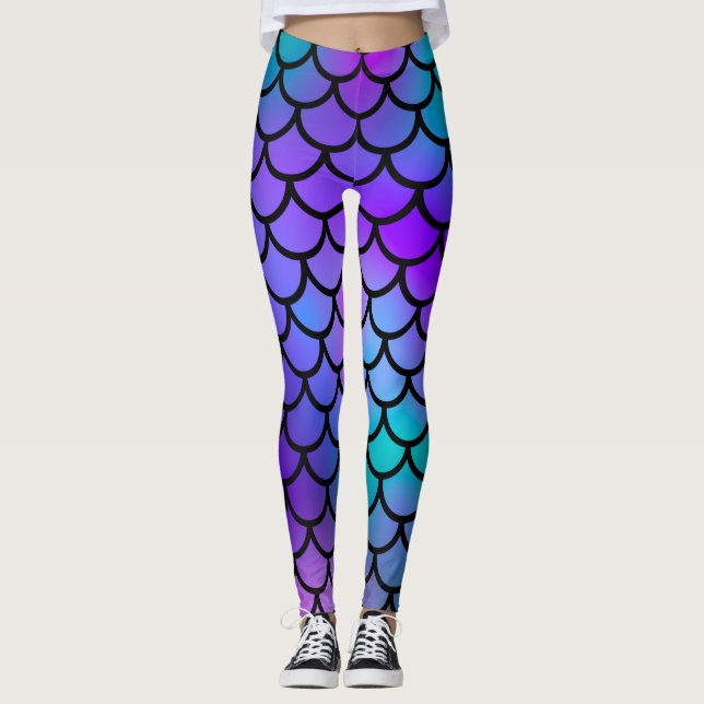 Aquamarine Lila rosa blaue Meerjungfrau Scales Fan Leggings (Vorderseite)