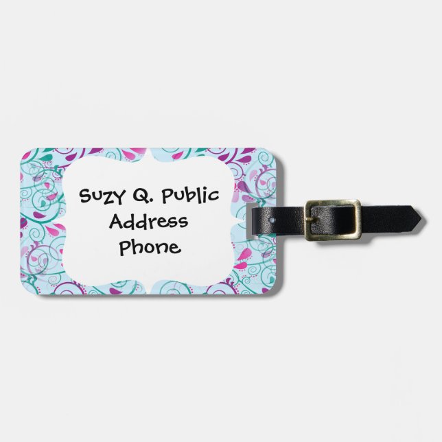 Aquamarine lila rosa Blumen blühen Wirbel auf Blau Gepäckanhänger (Vorderseite horizontal)