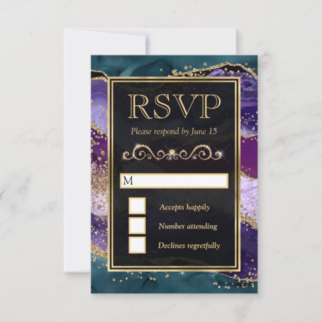Aquamarine, Lila und Gold Glitzer Agate Wedding RSVP Karte (Vorderseite)