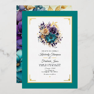 Aquamarine, Lila und goldene Blumenhochzeit Folieneinladung