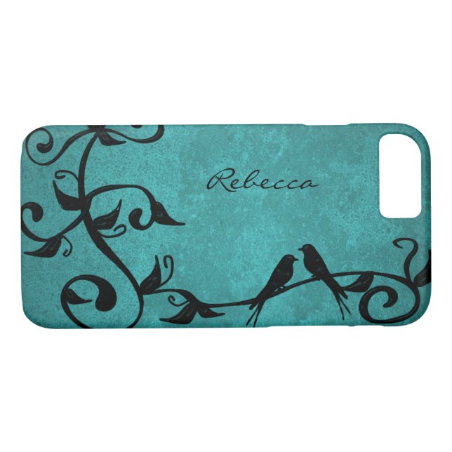 Aquamarine Lovebirds Personalisiert iPhone Case (Rückseite (Horizontal))