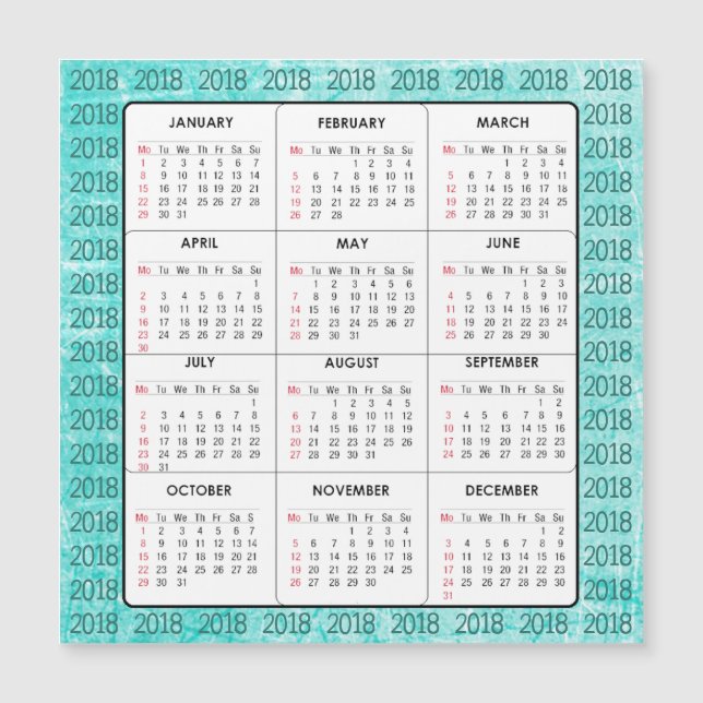 Aquamarine Magnetkarte 2018 Calendar Square (Vorderseite)