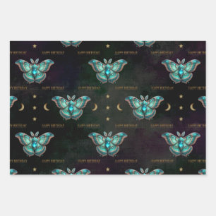 Aquamarine März Birthstone Moth Happy Birthday Geschenkpapier Set