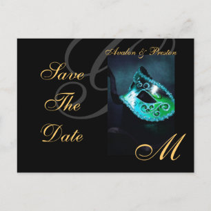 Aquamarine Masquerade Maske Save the Date Postkart Ankündigungspostkarte