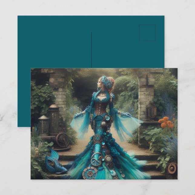 Aquamarine Meerjungfrau Steampunk Vintage Viktoria Postkarte (Vorne/Hinten)